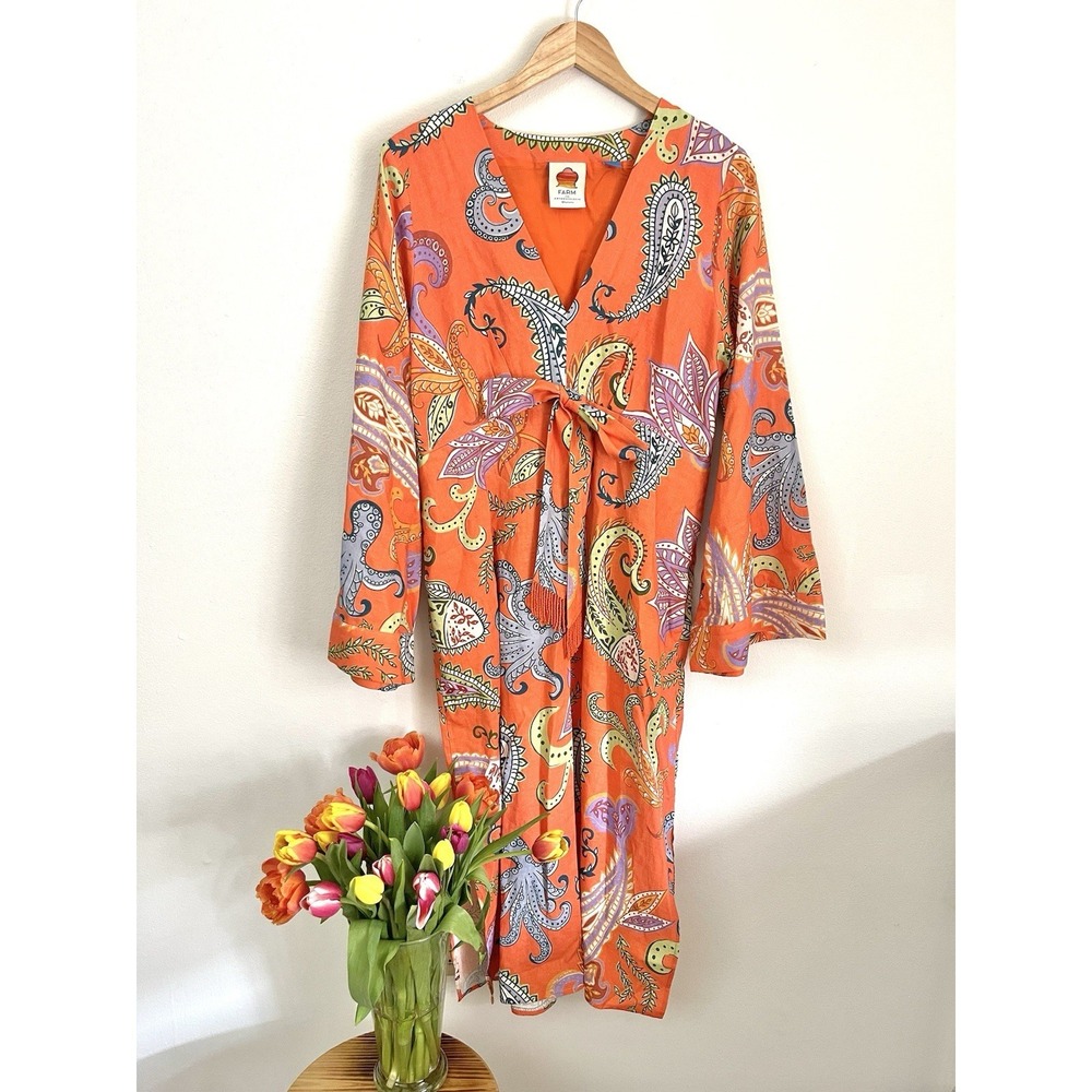 Farm Rio x Anthropologie V-Neck Orange Paisley Tie Front Dress Size M